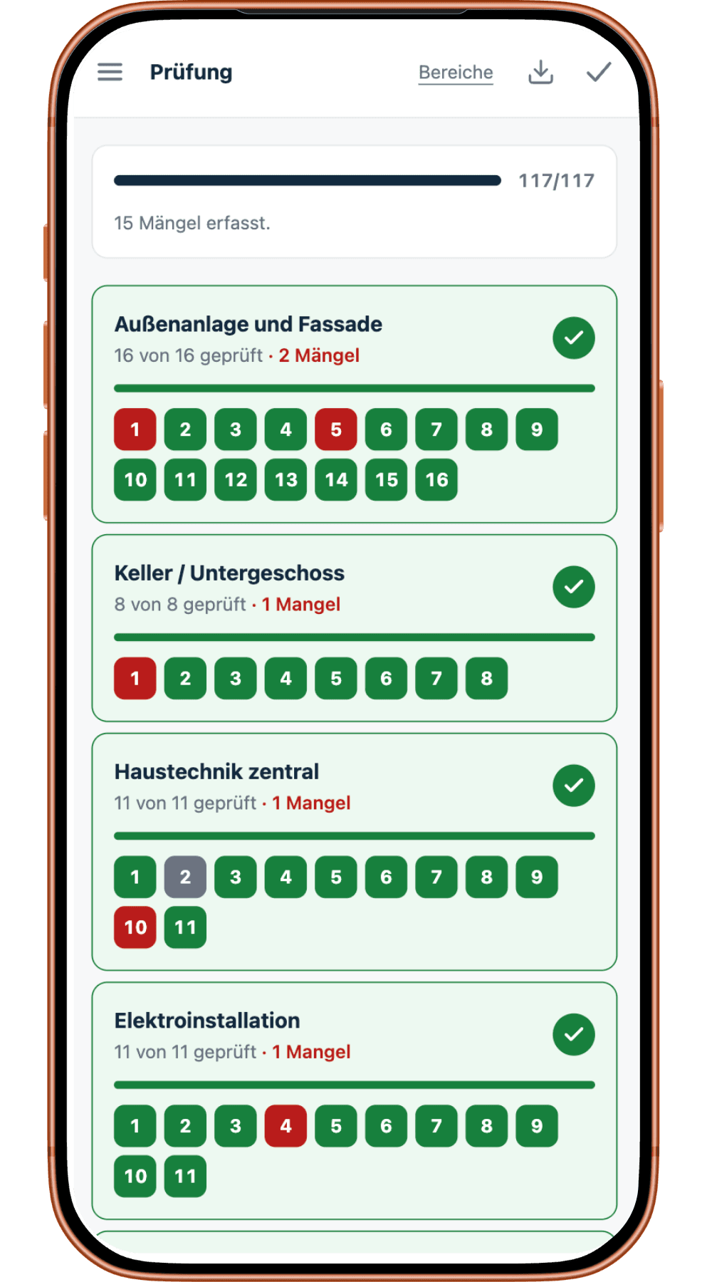 Der Abnahmehelfer auf dem Handy: Prüfungsübersicht mit 117 abgehakten Punkten und farbig markierten Mängeln je Bereich.